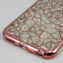 Луксозен силиконов калъф / гръб / TPU 3D с камъни за Apple iPhone 6 / iPhone 6S - прозрачен / фигури / Rose Gold кант