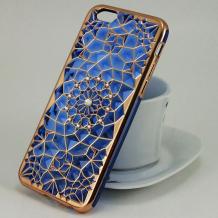 Луксозен силиконов калъф / гръб / TPU 3D с камъни за Apple iPhone 6 / iPhone 6S - син / фигури / златист кант