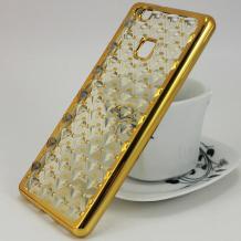 Силиконов калъф / гръб / TPU 3D за Huawei P9 Lite - прозрачен / звездички и коронки / златист кант