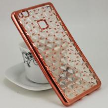 Силиконов калъф / гръб / TPU 3D за Huawei P9 Lite - прозрачен / звездички и коронки / Rose Gold кант