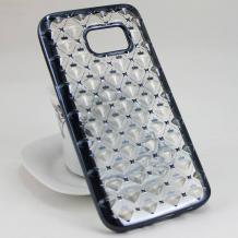 Силиконов калъф / гръб / TPU 3D за Samsung Galaxy S7 G930 - прозрачен / звездички и коронки / тъмно сив кант