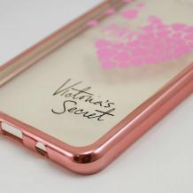 Луксозен силиконов калъф / гръб / TPU за Samsung Galaxy A5 2016 A510 - прозрачен / розови сърца / Victoria's Secret / Rose Gold кант