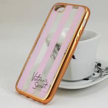 Луксозен силиконов калъф / гръб / TPU за Apple iPhone 5 / iPhone 5S / iPhone SE - прозрачен / Victoria's Secret / златист кант