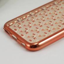 Силиконов калъф / гръб / TPU 3D за Apple iPhone 6 / iPhone 6S - прозрачен / звездички и коронки / Rose Gold кант