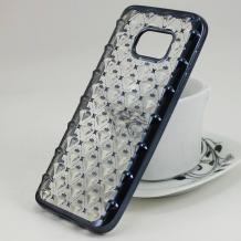 Силиконов калъф / гръб / TPU 3D за Samsung Galaxy S7 Edge G935 - прозрачен / звездички и коронки / тъмно сив кант