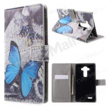  Кожен калъф Flip тефтер със стойка за LG G4 - сив / синя пеперуда