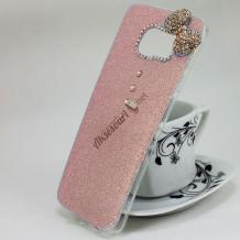 Луксозен силиконов калъф / гръб / TPU с камъни за Samsung Galaxy S7 Edge G935 - розов / брокат / панделка