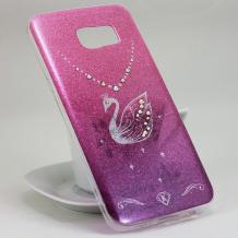 Луксозен силиконов калъф / гръб / TPU KINGXBAR с камъни Swarovski за Samsung Galaxy S7 G930 - лилаво и розово / преливащ / лебед / брокат