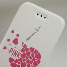 Кожен калъф Flip тефтер Flexi със стойка за Sony Xperia E5 - бял / розови сърца / Victoria`s Secret