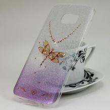 Луксозен силиконов калъф / гръб / TPU KINGXBAR с камъни Swarovski за Samsung Galaxy S7 Edge G935 - сребристо с лилаво / преливащ / водно конче / брокат