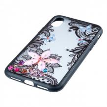 Луксозен твърд гръб BEAUTY с камъни за Samsung Galaxy A70 - прозрачен / черен кант / цвете с пеперуди