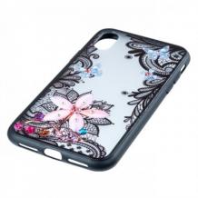 Луксозен твърд гръб BEAUTY с камъни за Samsung Galaxy Note 10 N970 - прозрачен / черен кант / цвете с пеперуди