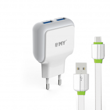 Универсално зарядно устройство / Fast Charge EMY MY-220 220V с 2 USB порта и Micro USB кабел 2.4А за Samsung , Apple , LG , HTC , Sony, Nokia, Huawei , ZTE, BlackBerry и др. - бяло