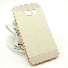 Луксозен силиконов калъф / гръб / TPU за Samsung Galaxy S6 Edge G925 - бял / имитиращ кожа