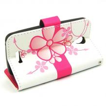 Кожен калъф Flip тефтер Flexi със стойка за Lenovo A1010 - бял / розови цветя