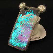 Луксозен твърд гръб 3D с брокат за Apple iPhone 7 - прозрачен / сини сърца / миши ушички