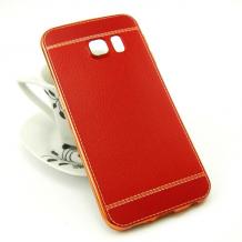 Луксозен силиконов калъф / гръб / TPU за Samsung Galaxy S7 G930 - тъмно червен / имитиращ кожа