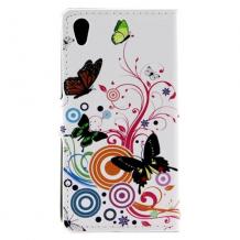 Кожен калъф Flip тефтер със стойка за Sony Xperia Z5 - бял / цветя и пеперуди