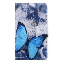 Кожен калъф Flip тефтер със стойка за Sony Xperia Z5 - сив / синя пеперуда