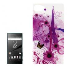 Твърд гръб за Sony Xperia Z5 Compact / Xperia Z5 Mini - бял / Айфелова кула / лилави цветя