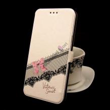 Кожен калъф Flip тефтер Flexi със стойка за Huawei Honor 5C / Honor 7 Lite - бял / розова панделка / Victoria`s Secret