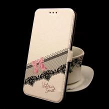 Кожен калъф Flip тефтер Flexi със стойка за Lenovo P70 - бял / розова панделка / Victoria`s Secret