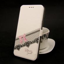 Кожен калъф Flip тефтер Flexi със стойка за Apple iPhone 6 / iPhone 6S - бял / розова панделка / Victoria`s Secret