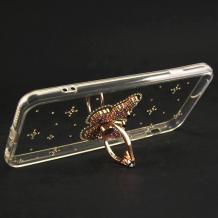 Луксозен твърд гръб с камъни и стойка за Apple iPhone 5 / iPhone 5S / iPhone SE - прозрачен / пеперуда