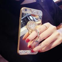 Луксозен силиконов калъф / гръб / TPU с камъни и стойка за Apple iPhone 6 / iPhone 6S - огледален / златист
