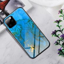 Луксозен стъклен твърд гръб за Samsung Galaxy A51 - син / златисти орнаменти