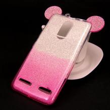 Луксозен силиконов калъф / гръб / TPU 3D за Huawei Mate 10 Lite - преливащ / розово и сиво / брокат / миши ушички / 2в1