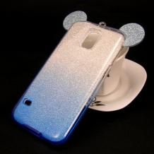 Луксозен силиконов калъф / гръб / TPU 3D за Samsung Galaxy S5 G900 / S5 Neo G903 - преливащ / синьо и сиво / брокат / миши ушички / 2в1