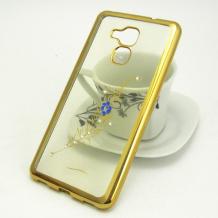 Луксозен силиконов калъф / гръб / TPU с камъни за Huawei Honor 5C / Honor 7 Lite - прозрачен със златист кант / перо