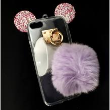 Луксозен силиконов калъф / гръб / TPU 3D за Apple iPhone 7 - прозрачен / розови миши ушички / лилав пух