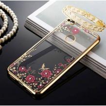Луксозен силиконов калъф / гръб / TPU с камъни за Xiaomi Mi A1 / 5X - прозрачен / розови цветя / златен кант