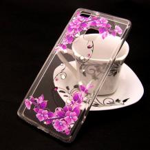 Луксозен силиконов калъф / гръб / TPU с камъни за Huawei P9 Lite - прозрачен / лилави цветя