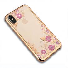 Луксозен силиконов калъф / гръб / TPU с камъни за Apple iPhone X - прозрачен / розови цветя / златист кант