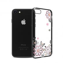 Луксозен твърд гръб KAVARO с камъни Swarovski за Apple iPhone 7 / iPhone 8 - прозрачен / розови цветя и пеперуда / черен кант