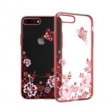 Луксозен твърд гръб KAVARO с камъни Swarovski за Apple iPhone 7 / iPhone 8 - прозрачен / розови цветя и пеперуда / червен кант