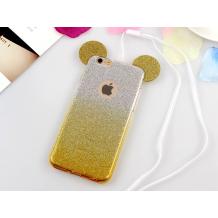 Луксозен силиконов калъф / гръб / TPU 3D за Apple iPhone 5 / iPhone 5S / iPhone SE - жълт / прозрачен / сив брокат / миши ушички / 2в1