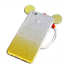 Луксозен силиконов калъф / гръб / TPU 3D за Huawei P9 Lite - жълт / прозрачен / сив брокат / миши ушички / 2в1