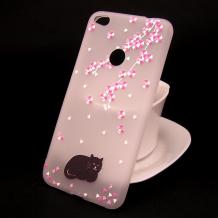 Луксозен силиконов калъф / гръб / TPU с камъни за Huawei Honor 8 Lite - прозрачен / розови цветя / коте