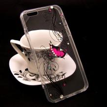 Луксозен силиконов калъф / гръб / TPU с камъни за Apple iPhone 7 / iPhone 8 - прозрачен / розова пеперуда
