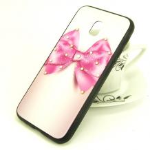 Луксозен стъклен твърд гръб със силиконов кант и камъни за Samsung Galaxy J3 2017 J330 - розов с панделка