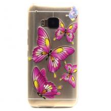 Силиконов калъф / гръб / TPU за HTC One M9 - прозрачен / розова пеперуда