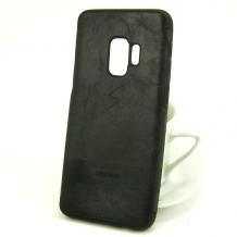 Луксозен силиконов калъф / гръб / TPU за Samsung Galaxy S9 G960 - черен / кожа
