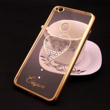 Луксозен силиконов калъф / гръб / TPU / Elegant с камъни за Huawei Honor 8 Lite - прозрачен със златист кант / сърце