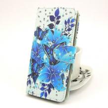 Кожен калъф Flip тефтер Flexi със стойка за Huawei P9 Lite - сини цветя / брокат