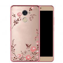Луксозен силиконов калъф / гръб / TPU с камъни за Huawei Y7 - прозрачен / розови цветя / Rose Gold кант