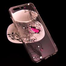 Луксозен силиконов калъф / гръб / TPU с камъни за Huawei P10 Plus - прозрачен / розова пеперуда